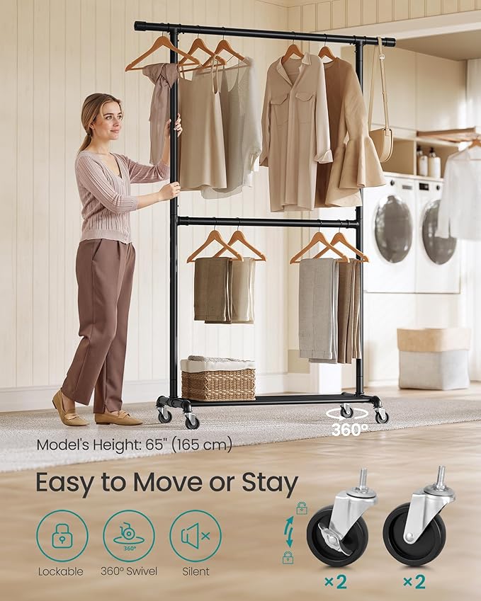 SONGMICS Heavy-Duty Clothes Rack, Double-Rod Clothing Rack for Hanging Clothes, Industrial Garment Rack on Wheels, Adjustable Metal Frame, 2 Casters with Brakes, Commercial Display, Black UHSR62BK