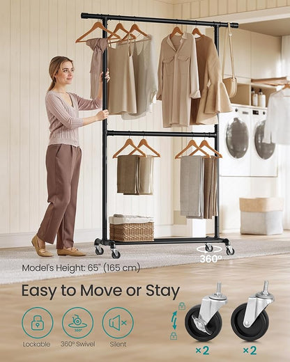 SONGMICS Heavy-Duty Clothes Rack, Double-Rod Clothing Rack for Hanging Clothes, Industrial Garment Rack on Wheels, Adjustable Metal Frame, 2 Casters with Brakes, Commercial Display, Black UHSR62BK
