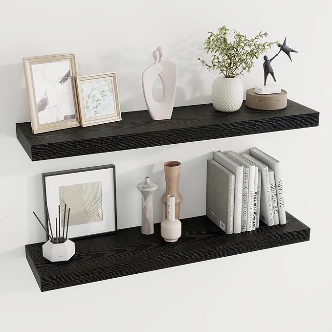 Dreamland 36 inch Floating Shelves Wall Shelves for Office with Invisible Brackets, 8 inch Deep Shelves for Bathroom, Living Room, Kitchen, Office, 36x7.9 inch deep Set of 2, Black