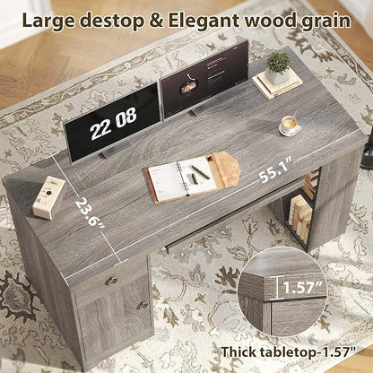HSH 55" Office Computer Desk with Drawers, Farmhouse Grey Executive Desk with Storage Shelves and Cabinet, Modern Wooden Computer Table Teacher Desks with Keyboard Tray for Home Writing Work Study