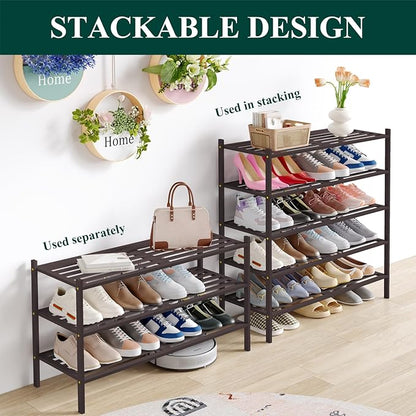 Smiry Long Bamboo Shoe Rack 3-Tier, Stackable Wooden Shoe Organizer for Entryway & Closet, Free Standing Wood Shoe Storage Shelf for Front Door & Small Spaces, Brown