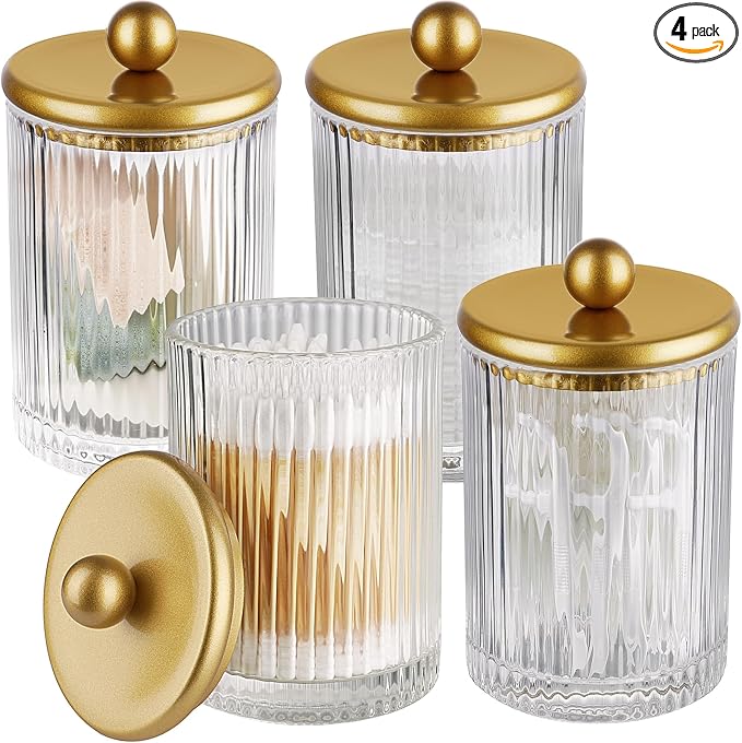 SheeChung 4-Pack Gold Ribbed Glass Qtip Holder - Apothecary Jars Bathroom Organizer Set with Lids - Vanity Storage Canisters for Cotton Balls, Pads, Swabs, Floss Picks - Modern Farmhouse