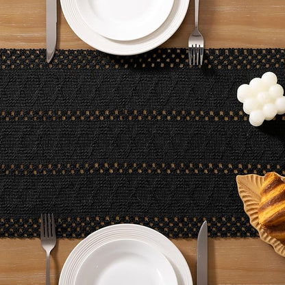 Socomi Boho Table Runner Macrame Long Valentine's Day Farmhouse Woven Cotton Linen Rustic Coffee Table Runner with Tassels for Dresser Scarf Home Decor Dining Room 12x108 inch Black