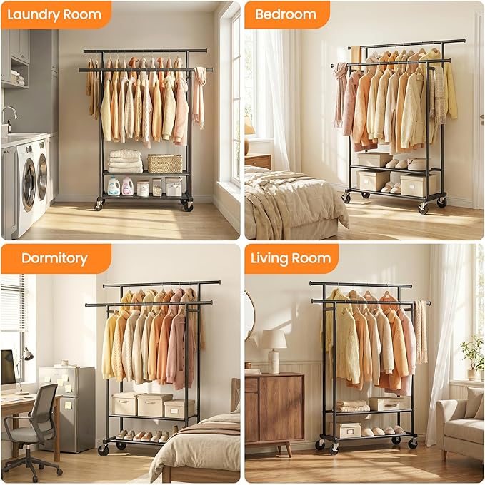 Double Rods Clothes Rack, Rolling Clothing Rack for Hanging Clothes Closet Rack with Wheels, Metal Portable Garment Rack with Double Shelves for Bedroom Laundry Living Room, Black