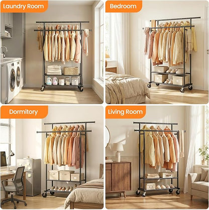 Double Rods Clothes Rack, Rolling Clothing Rack for Hanging Clothes Closet Rack with Wheels, Metal Portable Garment Rack with Double Shelves for Bedroom Laundry Living Room, Black