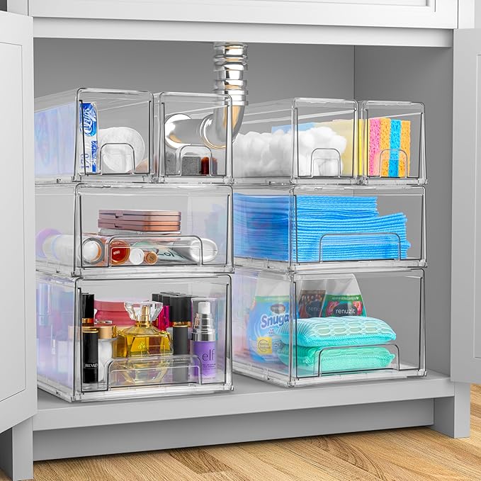 Sorbus Medium Clear Stackable Storage Drawers – 2-Pack Plastic Organizer Bins with Handles – Stackable Pull-Out Storage Drawers for Closet, Pantry, Office, Bathroom, Craft, and Toy Organization