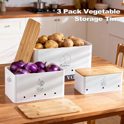 Metal Potato Onion and Garlic Storage Tin Set of 3, White Kitchen Vegetable Canisters with Bamboo Lid and Aerating Holes, Stackable Kitchen Keeper Storage for Countertop Pantry