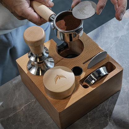 58mm Espresso Tamping Station Compact Portafilter Stand and Coffee Accessories Organizer for Espresso Machines with Tamper Holder, Distributor Slot, and Multi-Accessory Storage
