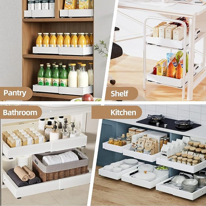 Expandable Pull Out Cabinet Organizer, Adjustable Width 12"-19" & Depth 16.5"-22", 4-Side Extension, 5 Slide Rails for Heavy Duty Use, Adhesive Roll Out Shelves for Kitchen Cabinets, White 1PCS