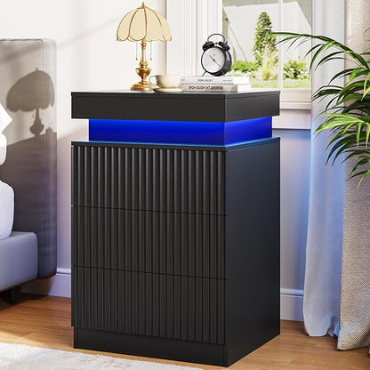 Nightstand with Charging Station & LED Lights, Modern Small Fluted Bedside & End Table with 3 Drawers, Sliding Top & Hidden Storage, Wooden Farmhouse Night Stand for Bedroom Office or Sofa, Black