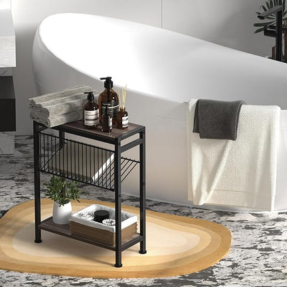 Small Side Table Set of 2 - 3-Tier Narrow End Table with Magazine Holder, Skinny Snack Couch Table for Living Room, Bedroom, Study and Balcony (Ash Brown)