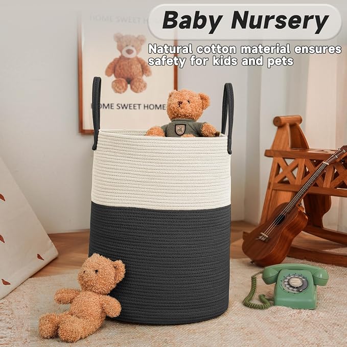 JMvicyroam Large Woven Laundry Basket Hamper,60L Cotton Rope Storage Bin for Blankets,Toys and Clothes,Decorative Tall Nursery Hamper for Living Room,Baby Nursery,Bathroom and Bedroom,White and Black