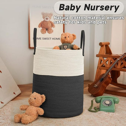 JMvicyroam Large Woven Laundry Basket Hamper,60L Cotton Rope Storage Bin for Blankets,Toys and Clothes,Decorative Tall Nursery Hamper for Living Room,Baby Nursery,Bathroom and Bedroom,White and Black