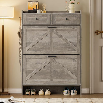 Shoe Storage Cabinet for Entryway, Farmhouse Narrow Shoe Cabinet with 2 Flip Drawers & Top Drawers, Adjustable Shelves & Hooks, Freestanding Hidden Rack Organizer for Hallway, Foyer