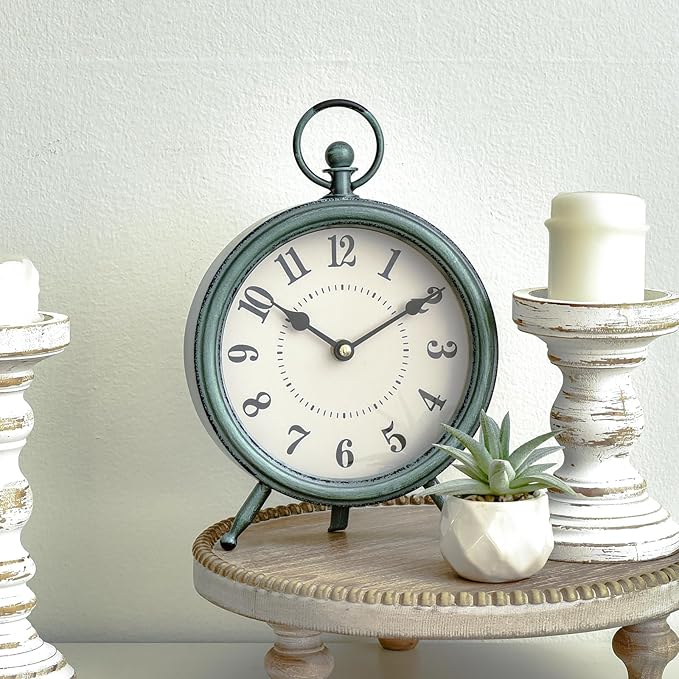 MACVAD EMAX Home Vintage Green Rustic Retro Table Clock, Silent Non-Ticking, Battery Operated, 10.5"H, 7.28"W, Green Dial, Tabletop, Indoor, Kitchen