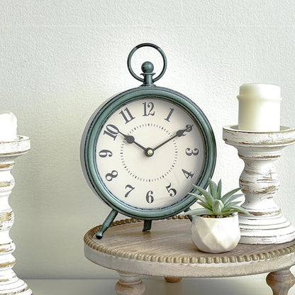 MACVAD EMAX Home Vintage Green Rustic Retro Table Clock, Silent Non-Ticking, Battery Operated, 10.5"H, 7.28"W, Green Dial, Tabletop, Indoor, Kitchen