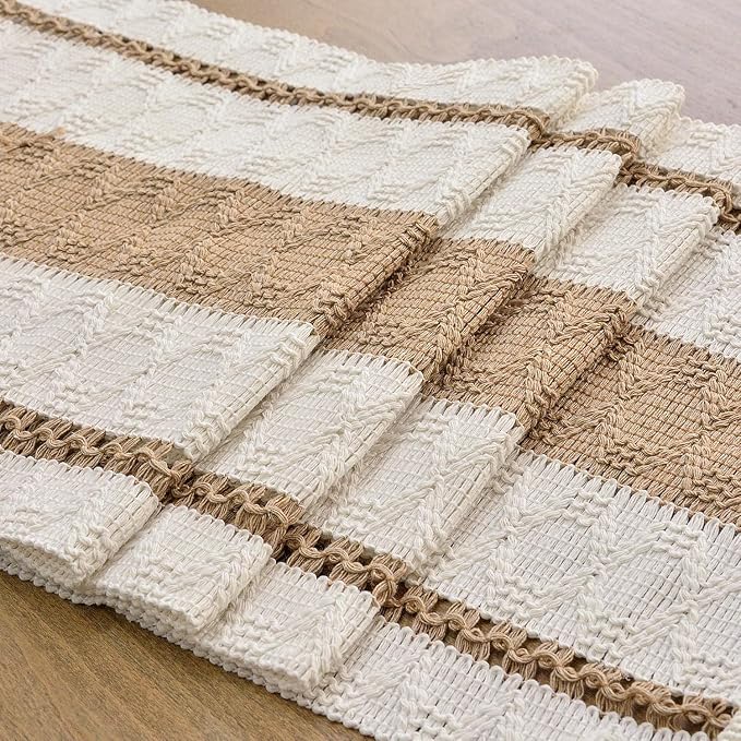 FEXIA Boho Table Runner with Tassels 12x90 Inches for Home Decor Farmhouse Rustic Macrame Burlap Table Decoration for Pottery Barn Furniture, Living Room and Dining Room