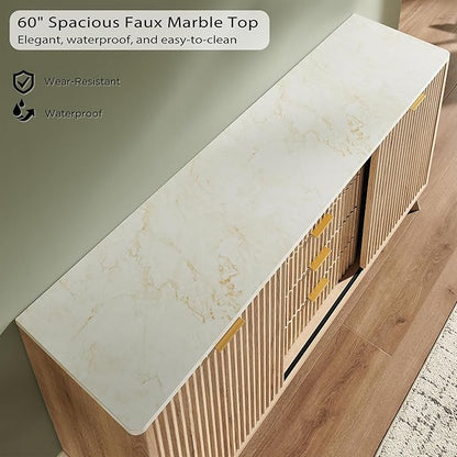 T4TREAM Fluted Buffet Cabinet, 60" Modern Sideboard with Sliding Doors & 4 Drawers, Coffee Bar Table with Storage, Faux Marble Top and Curved Profile Design for Dining Room, Living Room, Natural Oak