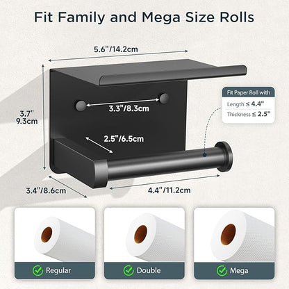 FORIOUS Toilet Paper Holder with Shelf, Adhesive or Screw Wall Mount Toilet Paper Roll Holder for Bathroom, SUS 304 Stainless Steel Commercial Toilet Tissue Holder with Storage Dispenser, Matte Black