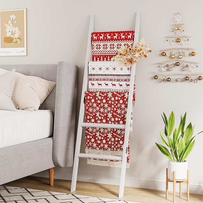 Bamboo Towel Rack 5-Tier Blanket Ladder for Living Room, Bedroom, Bathroom Space-Saving Decorative Ladder for Quilts, Towels and More White