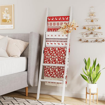 Bamboo Towel Rack 5-Tier Blanket Ladder for Living Room, Bedroom, Bathroom Space-Saving Decorative Ladder for Quilts, Towels and More White
