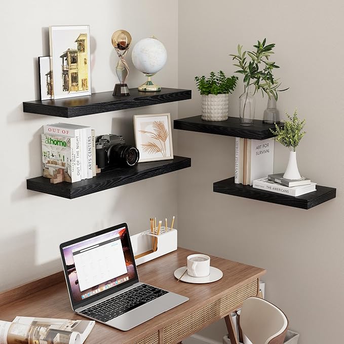 Fun Memories 32" W x 9.3" D Floating Shelves in Black, Rustic Wood Deep Shelves for Bedroom, Kitchen, Living Room, Long Floating Shelf for Wall, Storage Display Wall Shelf for Books Decor