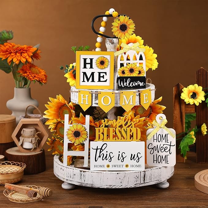 11 Pcs Sunflower Tiered Tray Decor Summer Rustic Home Farmhouse Tiered Tray Decorations Set Wooden Signs Vintage Farm Animal Farmhouse Tabletop Wood Signs for Kitchen Table Shelf Decor