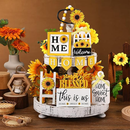 11 Pcs Sunflower Tiered Tray Decor Summer Rustic Home Farmhouse Tiered Tray Decorations Set Wooden Signs Vintage Farm Animal Farmhouse Tabletop Wood Signs for Kitchen Table Shelf Decor