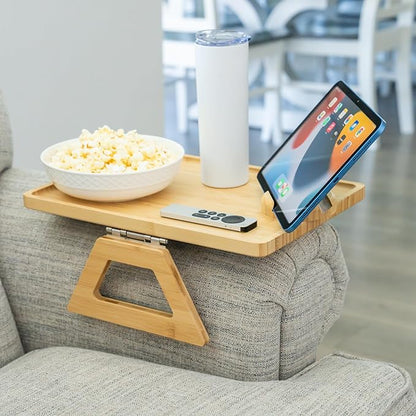 Shamrock Home Bamboo Couch Arm Table with Device Holder, Clip On Tray. for TV Dinners, Remotes, Drinks, Snacks and Small Spaces (Rectangular with Device Holder, Beige, Regular 13.75 x 9.5)