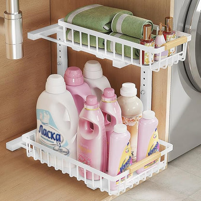 2 Pack 2 Tiers Pull Out Under Sink Organizers, Metal Kitchen Storage Shelf, Pull Out Under Sink Storage Rack, Multi-purpose Under Sink Shelf Organizer for Under Sink Cabinet Bathroom Kitchen (White)