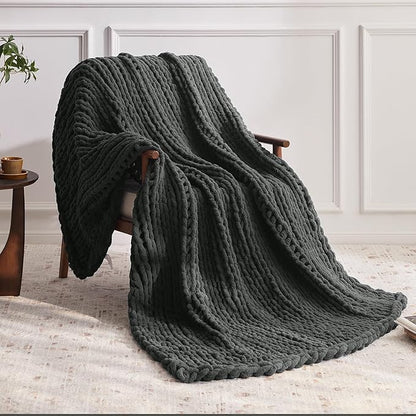 Negwoo Chunky Knit Throw Blanket, 30''*40'' Knitted Throw Chenille Yarn for Bed Couch, Handmade Dark Grey Crochet Big Thick Blanket, Machine Washable Cute Comfy Blanket for Home Decor