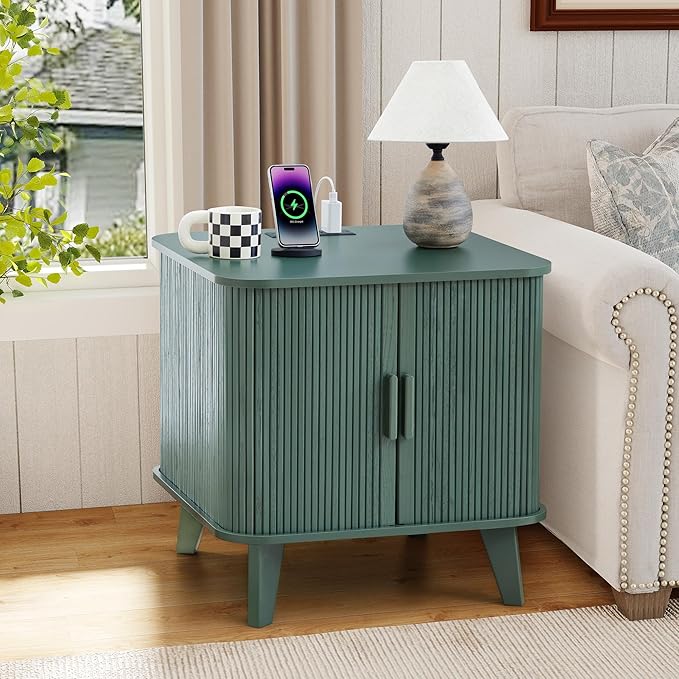 24" Large Fluted End Table with Charging Station, Farmhouse Sofa Side Table with Sliding Tambour Door & Storage, Curved Rustic Wood Nightstand for Living Room, Bedroom, Green