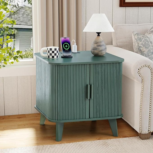 24" Large Fluted End Table with Charging Station, Farmhouse Sofa Side Table with Sliding Tambour Door & Storage, Curved Rustic Wood Nightstand for Living Room, Bedroom, Green