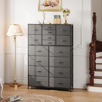 Tall Console Table with 16 Fabric Drawers, Entryway Table with Storage, Large Storage Organizer with Wood Top, Steel Frame for Living Room, Hallway, Office, Dark Grey