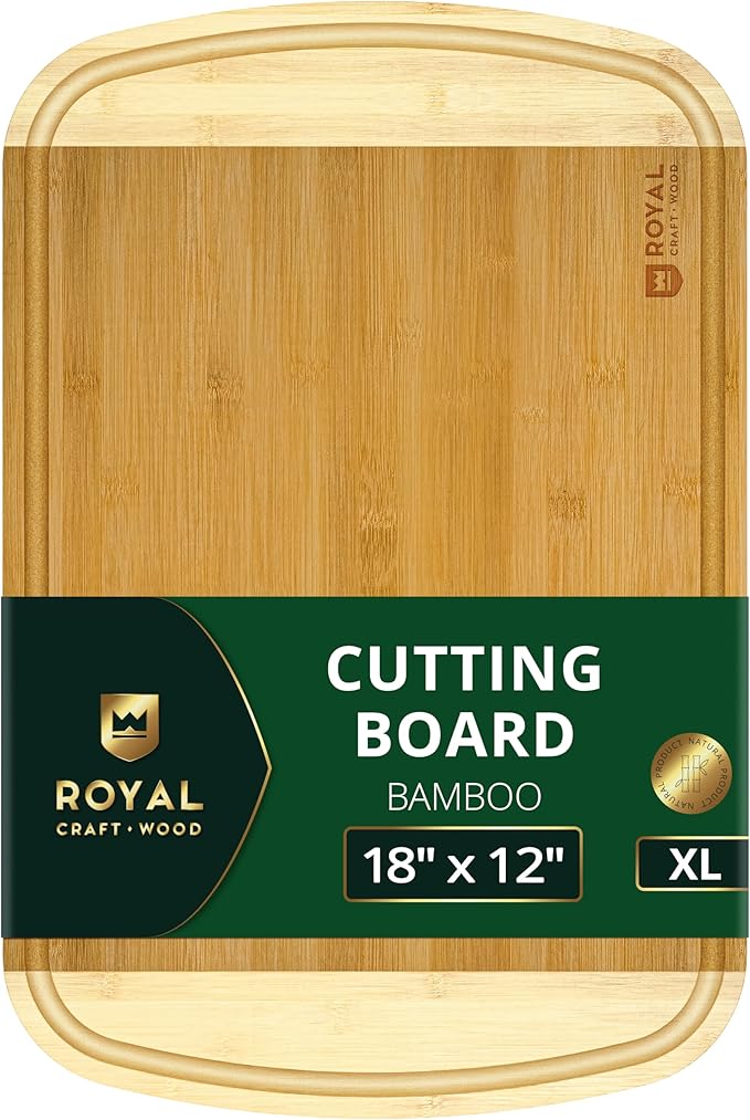ROYAL CRAFT WOOD Wooden Cutting Boards for Kitchen Meal Prep & Serving - Bamboo Wood Serving Board Set with Deep Juice Groove Side Handles - Charcuterie & Chopping Butcher Block for Meat