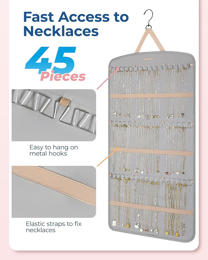 BAGSMART Hanging Jewelry Organizer, Necklace Holder Anti-tangle Earrings Rings Hanger with Pockets Hang on Closet, Wall, Door,1 Piece, Extra Large Grey