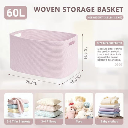 SunNewt 60L Small Baby Girls Laundry Basket for Nursery Storage,Cute Woven cotton Rope Baskets for Kids Toy，Gifts, Boho Square Wicker Blanket hamper for Living Room,Bedroom Dirty Clothes,Pink