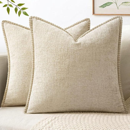 MIULEE Pack of 2 Euro Sham Pillow Covers 24x24 Inch Beige Farmhouse Decorative Throw Pillow Covers with Stitched Edge Soft Chenille Solid Dyed Pillow Covers for Bed Sofa Couch Living Room