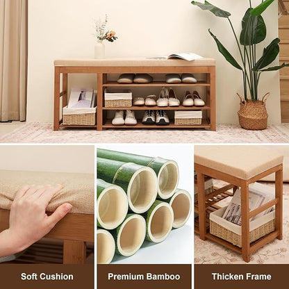 Shoe Rack Bench with Cushion 39.4“, Shoe Rack for Front Door Entrance, Shoe Bench with Storage for Entryway Hallway Bedroom Living Room
