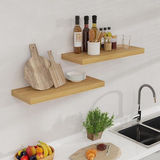 Fun Memories Floating Shelves 24 Inch Long, 9.3 Inch Deep Floating Shelf for Lving Room, Bedoom, Kitchen, Deep Wall Shelves for Bathroom, 2 Pack Storage Display Shelf for Books, Decors, Oak