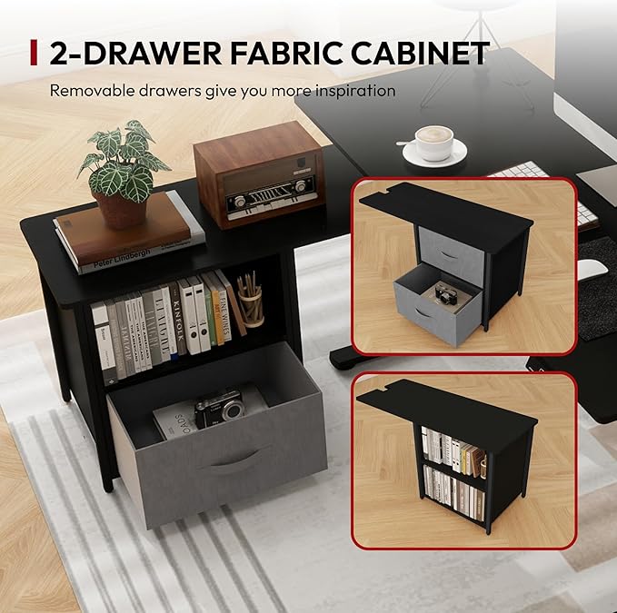 SANODESK 63'' L Shaped Standing Desk with 2-Drawer File Cabinet, Electric Height Adjustable Stand up Desk w/USB Charge Ports, Home Office Modern Wood Computer Desk with Shelves,Black Frame/Black Top