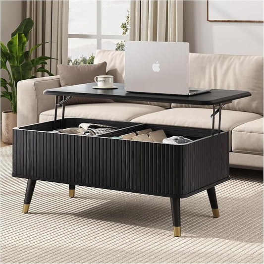 JOINICE Lift Top Coffee Table with Storage, Modern Black Fluted Design, Pop-Up Center Table with Hidden Compartment for Living Room & Home Office Work/Dining