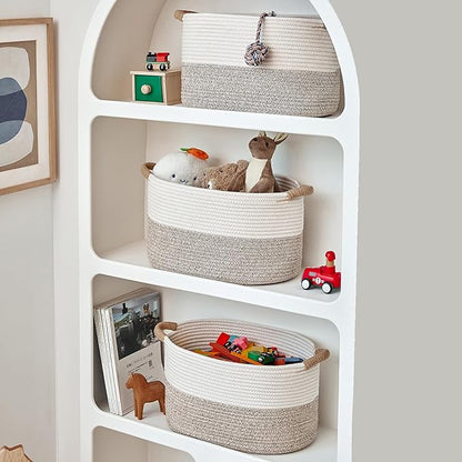 R RUNKA Storage Baskets for Organizing | 15"x10.2"x9.1" - 1 Pack Nursery Bin with Handles - Woven Cotton Rope Baskets for Dog Toys, Books, Shelf, Bathroom,Closet -Stylish Storage | White & Beige
