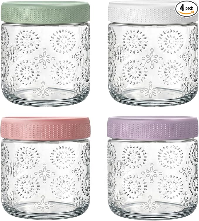 4 pack 16 oz Overnight Oats Containers with Lids, Glass Food Storage Container, Airtight Salad Jars, Mason Jars for Overnight Oats, Yogurt, Oatmeal, Salad, Coffee, Spices