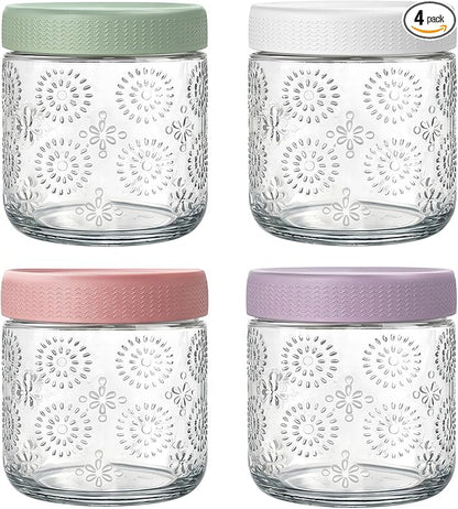 4 pack 16 oz Overnight Oats Containers with Lids, Glass Food Storage Container, Airtight Salad Jars, Mason Jars for Overnight Oats, Yogurt, Oatmeal, Salad, Coffee, Spices