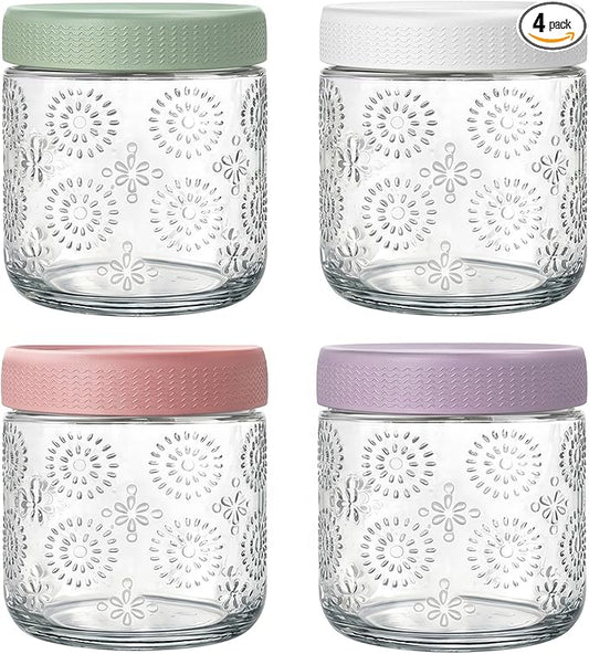 4 pack 16 oz Overnight Oats Containers with Lids, Glass Food Storage Container, Airtight Salad Jars, Mason Jars for Overnight Oats, Yogurt, Oatmeal, Salad, Coffee, Spices