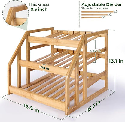 HOMESTEAD Bamboo Can Organizer for Pantry - 3 Tier Rack with Adjustable Dividers, Gravity Feed Canned Goods Organizer, 36 Cans Soda Storage