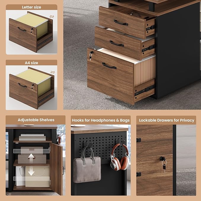 78" Executive Desk with Lockable File Cabinet, L Shaped Office Desk with Power Outlets, Large Executive Desk with Drawers and Storage Shelves , Reversible Computer Desk with Privacy Screen, Walnut