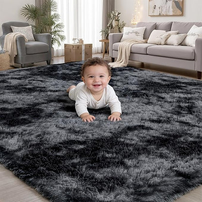 Area Rug for Living Room Bedroom:6x9 Black Grey Soft Fluffy Shag Upgrade Non-Slip High Pile Carpet Large Fuzzy Plush Indoor Floor Decor Shaggy Rug for Kid Boys Girls Playroom Nursery Modern Home