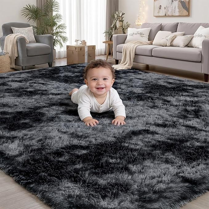 Area Rug for Living Room Bedroom: 4x6 Black Grey Soft Fluffy Shag Upgrade Non-Slip High Pile Carpet Large Fuzzy Plush Indoor Floor Decor Shaggy Rug for Kid Boys Girls Playroom Nursery Modern Home
